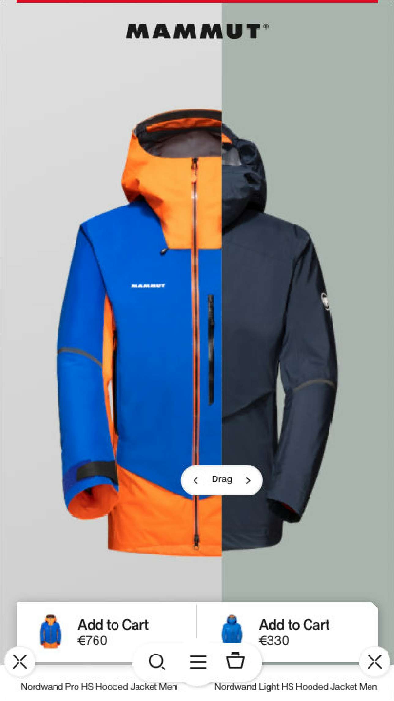 Compare tool showing two jackets